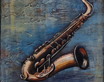 Sax En Blue, acrylic painting of a saxophone on a blue cloudy background, framed