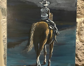 Moonlight ride, young cowboy on horseback during a nighttime trail ride 11x14 acrylic painting