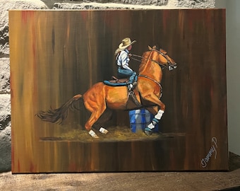 Red rocket, 18x24 acrylic barrel racing painting of a rodeo Cowgirl on a red barrel racing horse