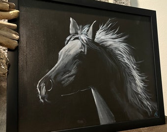 Miss Grey on Black , 16x20 acrylic of grey horse on black background