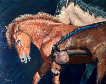Wild Horse painting, 24x30 acrylic original painting in custom frame “The Discussion”.