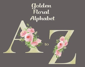 Floral Alphabet/Wedding Alphabet/Wedding Floral Alphabet/Digital Floral Clipart/Floral Alphabet Clipart/Wedding Clipart/Gold Floral Alphabet