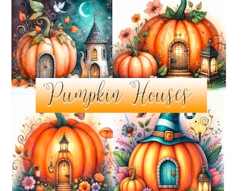 watercolour pumpkin houses, halloween clipart, Halloween sublimation, Halloween print and cut, images for Halloween