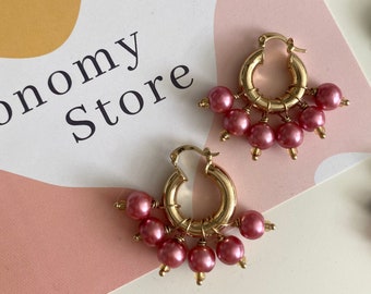 Pink Bead Hoop Earrings