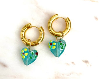 Hand Painted Floral Glass Heart Huggie Earrings