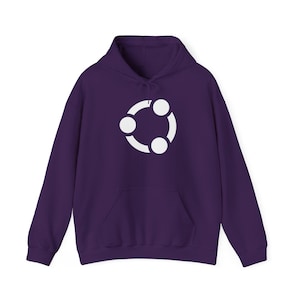 May include: A purple hoodie with a white logo of three circles connected in a triangular shape.