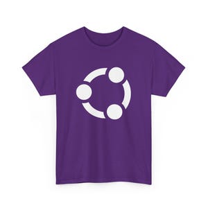 May include: Purple t-shirt with a white circle logo featuring three connected circles.