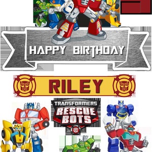 以下が含まれることがあります： トランスフォーマーレスキューボッツのキャラクターが描かれた誕生日カード。カードには、「ハッピーバースデー」と書かれた銀色のバナーと、「RILEY」と書かれた黄色のバナーがあります。カードには、トランスフォーマーレスキューボッツのロゴも描かれています。