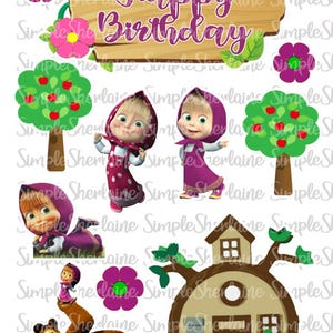 May include: A digital graphic with a wooden sign that reads "Happy Birthday" in purple script, surrounded by flowers, trees, and cartoon characters. The image includes a bear, a house, and a girl in a purple dress.