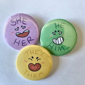 Happy Little Pronouns button badges