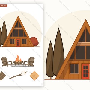 Puede incluir: Una ilustración de línea de una cabaña de estructura en A de color marrón con dos ventanas y una puerta roja. Hay dos árboles marrones frente a la cabaña. Debajo de la cabaña hay una fogata con dos sillas marrones y un palo con un malvavisco en él. También hay una barra de chocolate marrón y una galleta graham marrón.