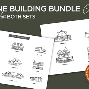 May include: A digital download of line art house illustrations. The image shows two pages of house drawings, including a farmhouse, a Victorian house, a storefront, and a split-level house. The text "LINE BUILDING BUNDLE" and "With BOTH SETS" is at the top of the image.