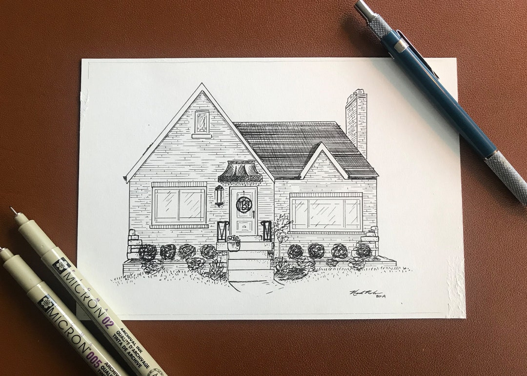 Custom Hand Drawn House in Black and White Ink. - Etsy