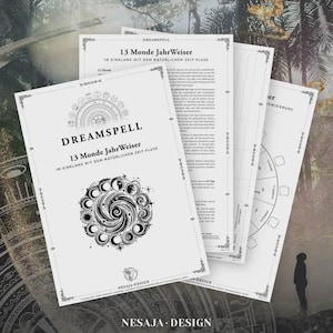 May include: A stack of white paper sheets with the title "DREAMSPELL 13 Monde JahrWeiser" in black text. The cover features a circular design of moons and stars. The bottom of the cover reads "NESAJA DESIGN".