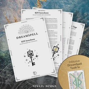 May include: A stack of white printed papers with the text "DREAMSPELL" and "KIN berechnen" in black. The papers feature a key graphic and the words "GALAKTISCHER ZEIT-SCHLÜSSEL". A gold-colored circular card with the text "Inklusive DreamSpell Tzolk'in" is also visible.