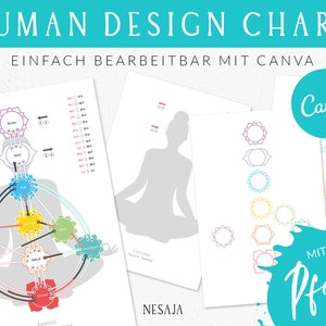 May include: A printable Human Design Chart template with a gray silhouette of a person sitting in a yoga pose. The chart includes seven colorful chakras with lines connecting them. The text "HUMAN DESIGN CHART" is at the top of the page, and the text "EINFACH BEARBEITBAR MIT CANVA" is below it. The text "NESAJA" is at the bottom of the page. The text "MIT DEN Pfeilen" is in a teal circle with a heart symbol.