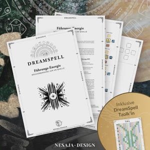 May include: A stack of white paper documents with the title "DREAMSPELL" in large, bold letters. The documents feature black text and graphics, including a starburst design. The bottom right corner has a gold-colored circle with the text "Inklusive DreamSpell Tzolk'in".