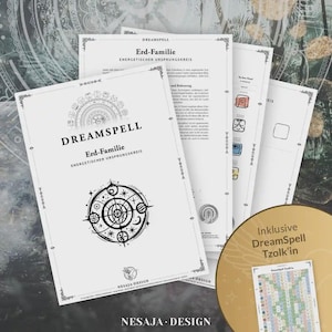 May include: A stack of white paper documents with black text and illustrations. The top document reads "DREAMSPELL Erd-Familie ENERGETISCHER URSPRUNGSKREIS" with a circular design. A smaller document with the text "Inklusive DreamSpell Tzolk'in" is also visible.