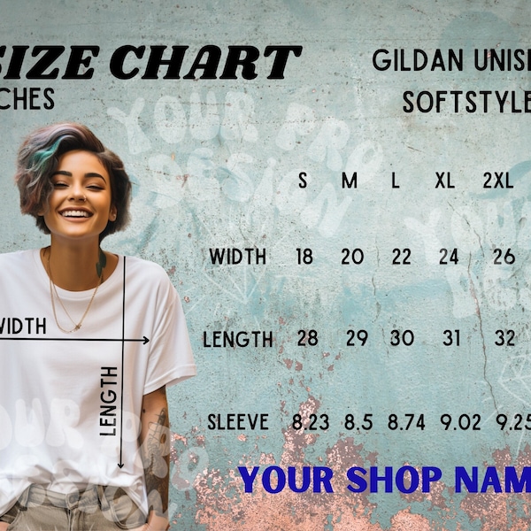 Gildan 64000 SIZE CHART Gildan Soft Style Size Chart Unisex Gildan T-Shirt Mock Ups Female model Lifestyle Mockup for POD Use in Canva