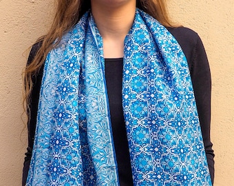 Silk scarf for women, Moroccan mosaic tile art headband, 71x25" large shawl, Silk head scarf, Blue hair wrap, Silk neckerchief, Hand hemmed