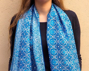 Silk scarf for women, Moroccan mosaic tile art headband, 71x25" large shawl, Silk head scarf, Blue hair wrap, Silk neckerchief, Hand hemmed