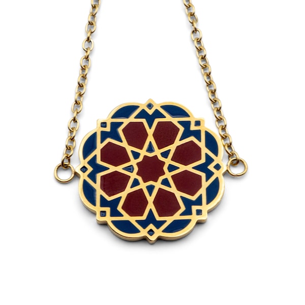 Bracelet en carreaux Alhambra, plaqué or 14 carats inspiré des motifs géométriques marocains, art des carreaux Zellige, bracelet en émail géométrique islamique