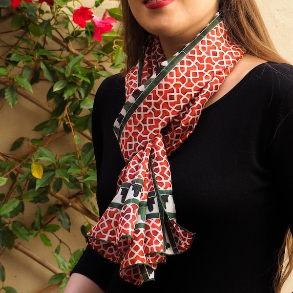 Red silk scarf for women inspired by moroccan tiles, 71x25” long scarf, Alhambra art pattern, Silk head wrap for her, Hand hemmed