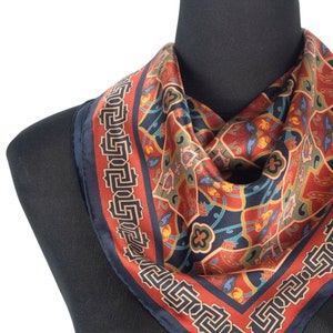 Square silk scarf for women and men inspired by Andalusian tiles, 25 inch Neckerchief, Moroccan tile art, Satin silk Navy blue and red scarf