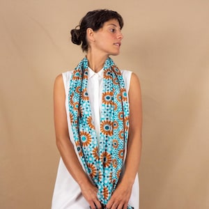 Blue and brown silk hair scarf, Head scarf for women inspired by the Alhambra of Granada, Moroccan mosaic tiles shawl, 71x26" long hair wrap