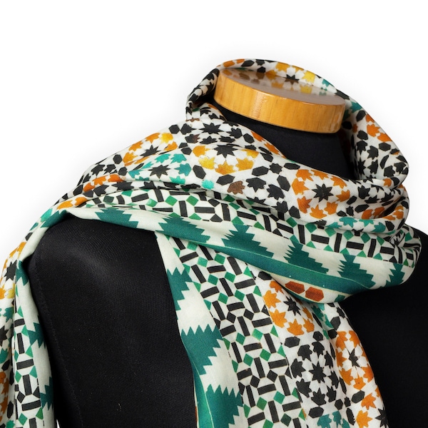 Islamic art inspired scarf featuring geometric print from the Alhambra of Granada mosaic tiles, 180 x 65 cm large shawl, 100% modal fabric