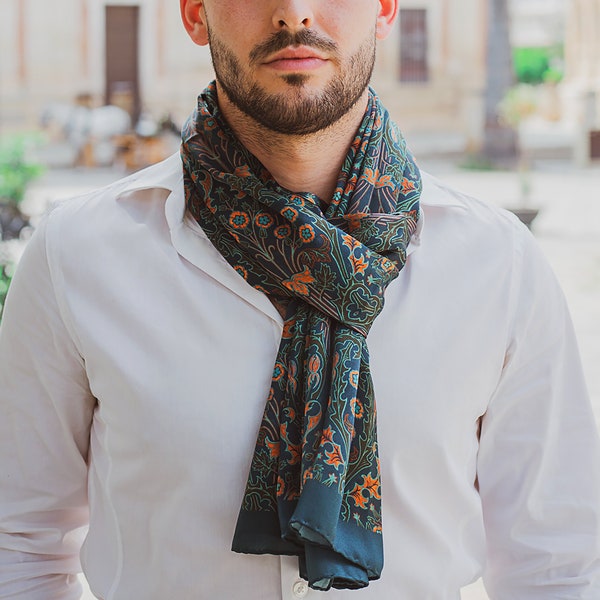 Herren Seidenschal, Schal für Ihn, elegantes Foulard mit Blumenmuster, Marineblauer Schal für Männer, 71x26 Zoll große Schals, Einzigartiges Geschenk für Ihn