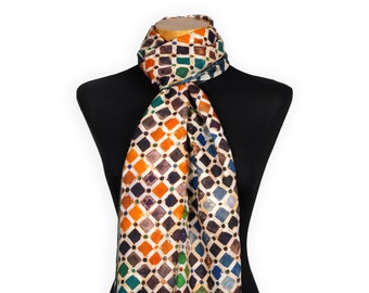 Multicolor scarf with geometric print inspired by eastern mosaic tiles from the Alhambra of Granada, 100% modal large neck scarf , 180 x 65