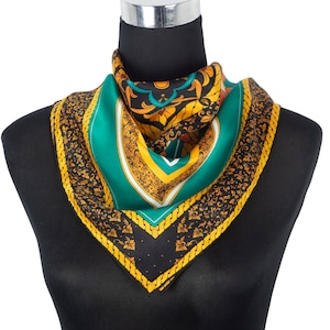 Mens neckerchief with floral and geometric print, Hand painted Square silk scarf, Silk bandana for him, 25 inch black and gold neck scarf