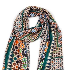 Alhambra palace inspired scarf, Multicolored neck scarf featuring colorful mosaic tiles from Islamic Art, Made of modal vegan fabric