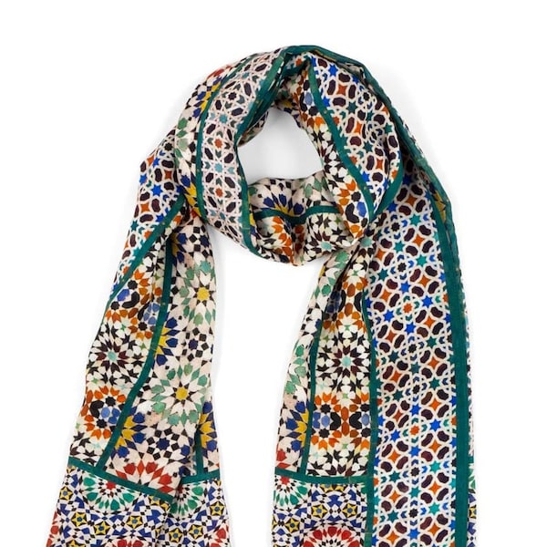 Multicolor long scarf for women's featuring a beautiful collage of mosaic tiles from Andalusia, Islamic art inspired foulard made of modal