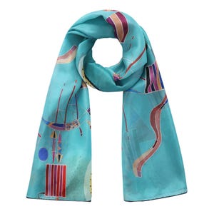 Kandinsky Silk Scarf - Intime Message Abstract Art Design, Hand Hemmed Habotai Silk, Elegant Blue Color, Lightweight, Artistic Accessory