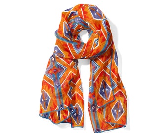 Red and Blue Silk Scarf Featuring an Ethnic Print inspired by Ikat Patterns, 71 x 25 inches Large Scarf for Men and Women, Silk Foulard