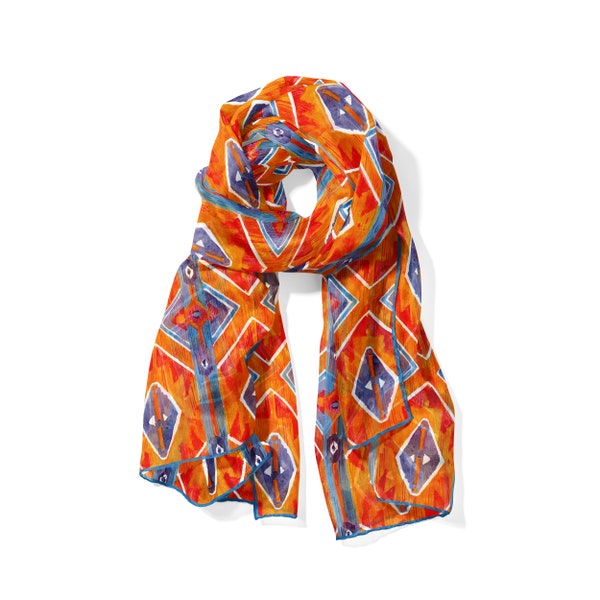 Red and Blue Silk Scarf Featuring an Ethnic Print inspired by Ikat Patterns, 71 x 25 inches Large Scarf for Men and Women, Silk Foulard