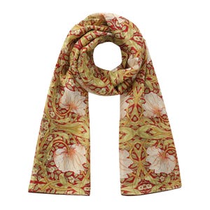 William Morris Art Silk Scarf | Habotai Floral Print with Green and Red Patterns | Luxury Arts & Crafts Inspired Shawl for Women
