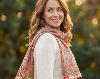 Orange Silk Scarf for Women, Moroccan Zellige Tile Print, Star Pattern Habotai Foulard, 180 x 65 cm, Bold Statement Birthday Gift