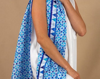 Blue Geometric Silk Scarf, Andalusian Tiles Print, Large 71 x 25 Inch Foulard
