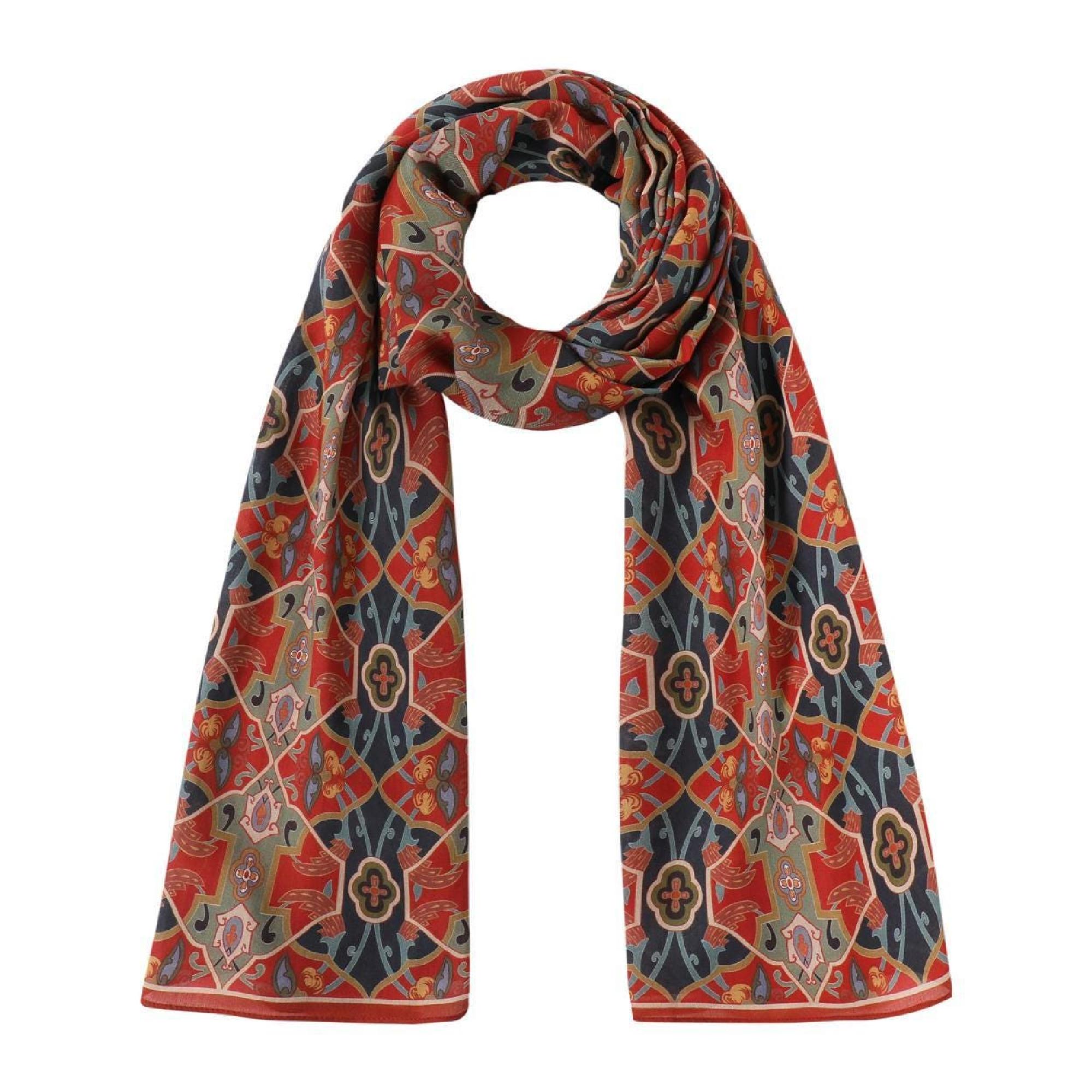 Grand écharpe En Coton Beige Brodée Motifs Géométriques Rouges - Neuf Sans étiquette