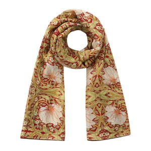 William Morris Scarf: Habotai Silk Multicolor Floral Print, Green Red Arts & Crafts Shawl