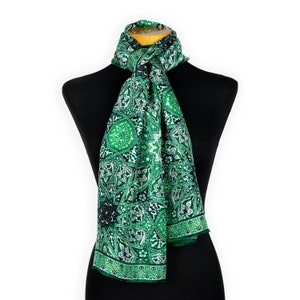 Green silk scarf with tessellation artwork, Hair scarf for women inspired by moorish tiles, Long silk pashmina for ladies