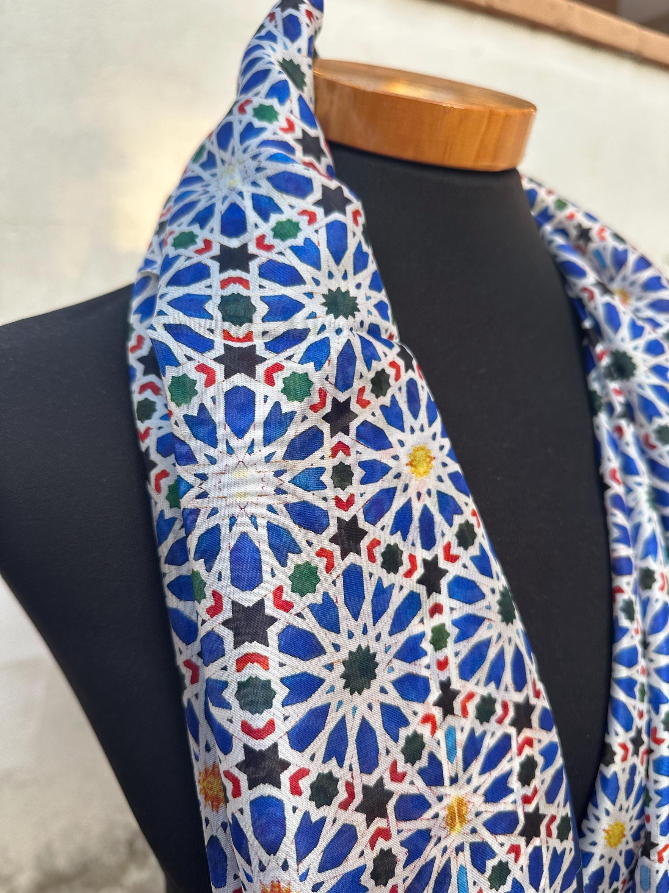 Silk Scarf for Women Inspired by Moroccan Tiles, 71x25 Large