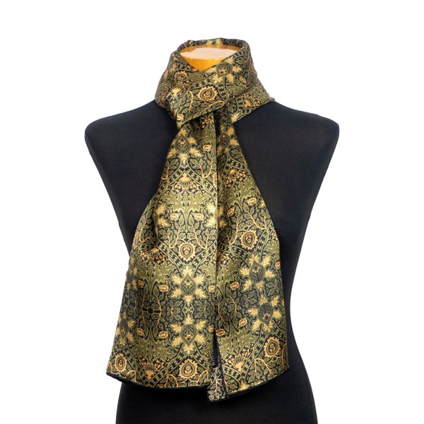 Olive green silk scarf with Art Nouveau inspired print, Elegant foulard for men and women, 71 x 25 inch large shawl, Thoughtful gift for her