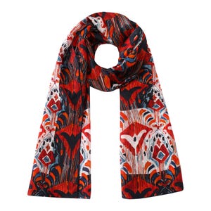 Blue, White, and Red Long Silk Scarf with Ethnic Ikat-Inspired Print, Ethnic Print Silk Scarf for Women&#39;s, Hand Hemmed