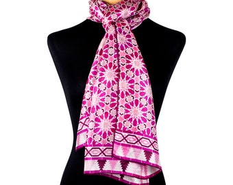 Silk scarf with pink geometric print inspired by Spanish Tiles from Alhambra of Granada, Use it as silk head scarf, neckerchief, 71 x 25"