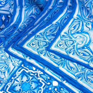 Foulard en soie pour femme, bandeau d'art en mosaïque marocaine, grand châle 71x25, foulard en soie, enveloppement de cheveux bleu, foulard en soie, ourlé à la main image 4