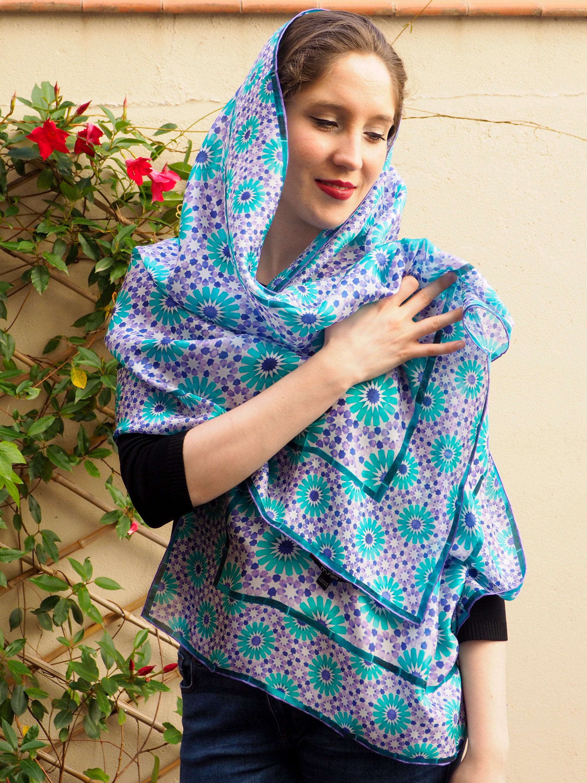 100 Silk head scarf for women inspired by Spanish tile art Etsy